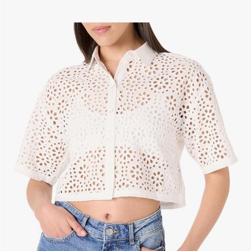 BEW THE DROP Elegant White Eyelet Crop Top women LUE button down cropped shirt